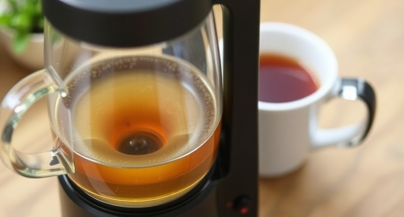 A clean tea maker with a freshly brewed cup of tea in the background, highlighting the results after using the cleaner.