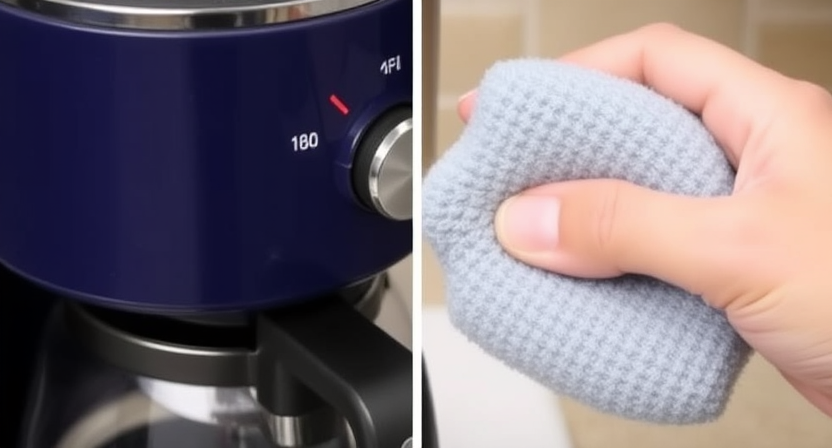 Scrubbing residue from tea maker spouts and filters with a soft sponge.