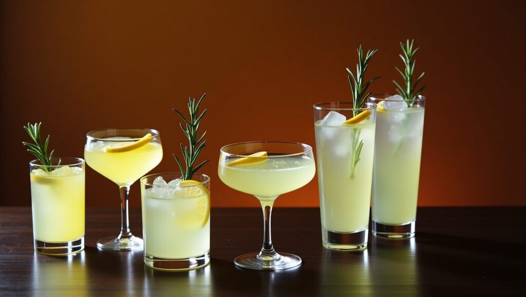 A selection of commonly used cocktail glassware like coupe, martini, and highball glasses with a Lemon San Diego Cocktail in each.