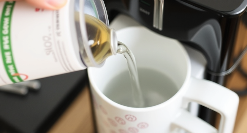 Pouring the solution into the tea maker’s water reservoir.